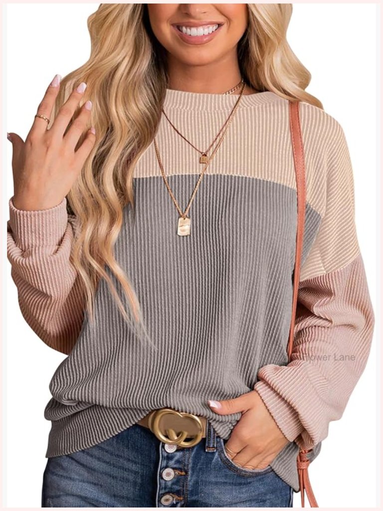 Color Block Long Sleeve Knit Pullover Crewneck Drop Shoulder Blouse